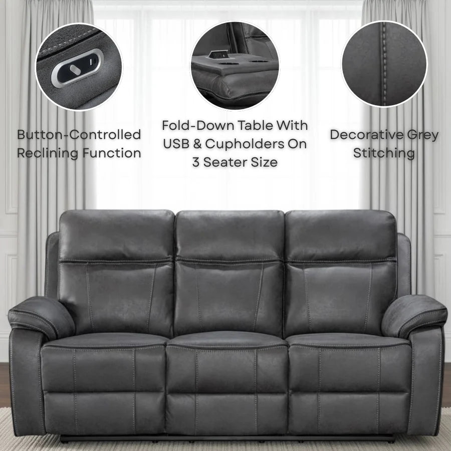 Galaxy Tech Electric Recliner Grey Leather Cinema Home 3 Seater Sofa