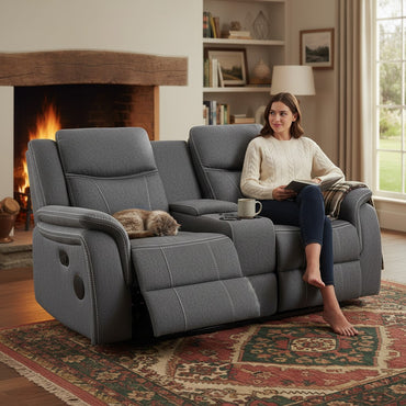 Galaxy Tech Electric Recliner Grey Fabric Cinema 2 Seater Sofa