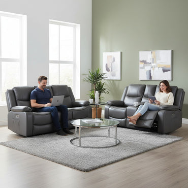 Harald Electric Recliner Grey Faux Leather Cinema Console 3+2 Sofa Suite