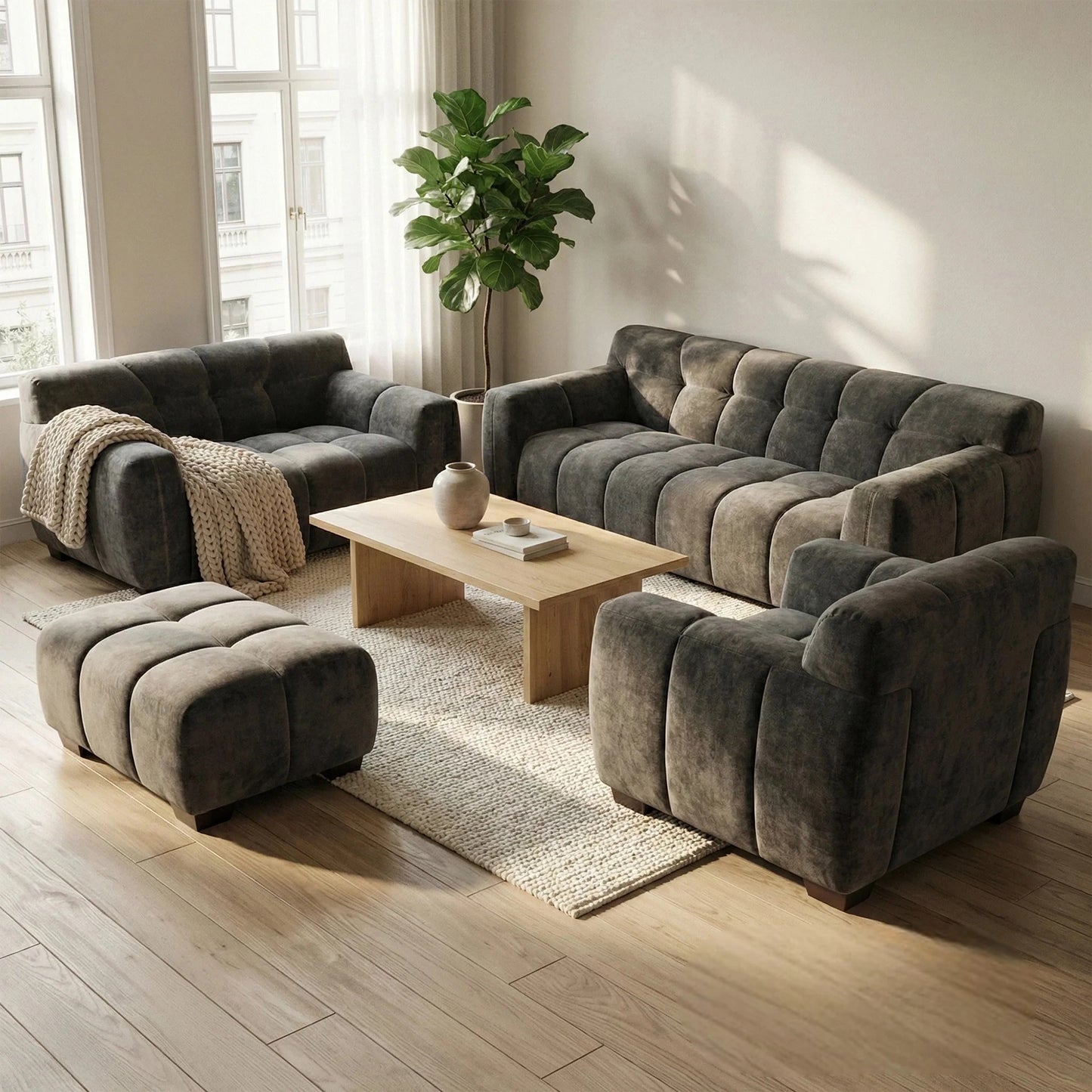 ALUXO Harlem Deep Channel Stitched Armchair In Steel Grey Mermaid Velvet