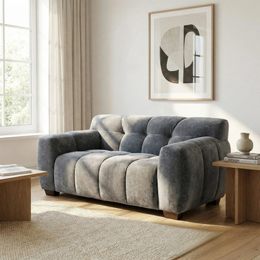 ALUXO Harlem Deep Channel Stitched 2 Seater Sofa In Steel Grey Mermaid Velvet