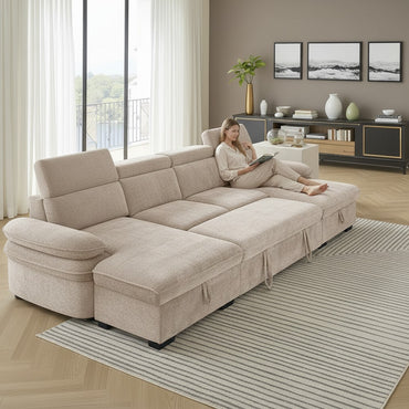 Hudson Sofabed Beige Fabric U Shape Storage Corner Sofa