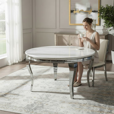 Louis 1.3m Round Chrome Dining Table With Polar White Sintered Stone
