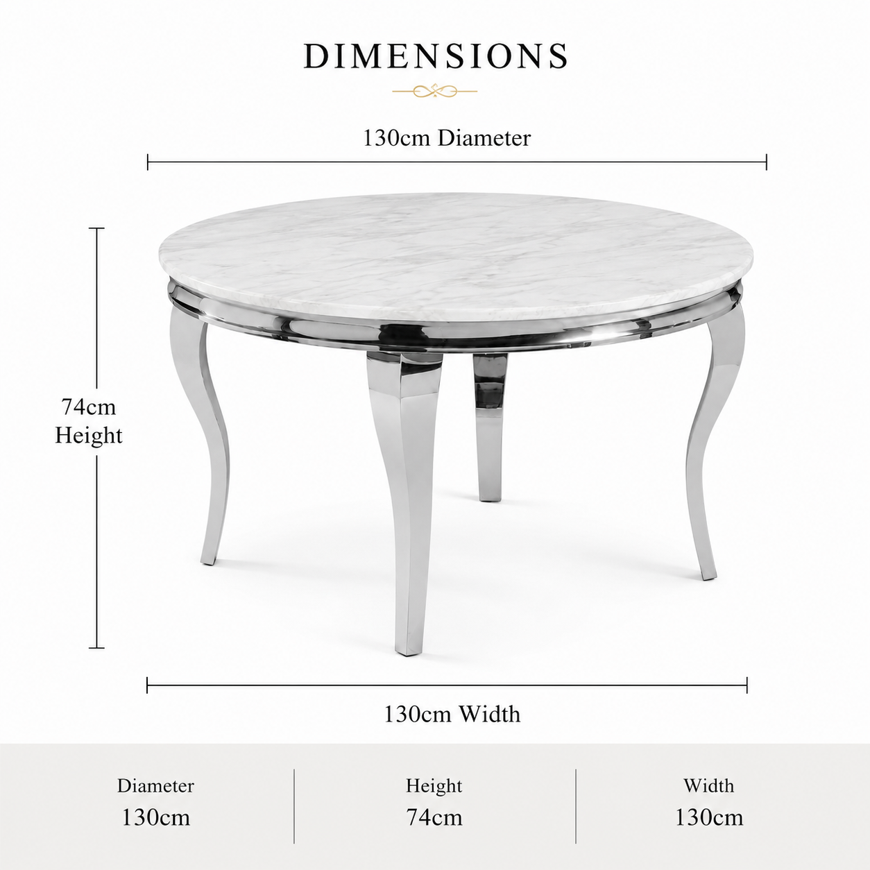 Louis 1.3m Round Chrome Dining Table With Polar White Sintered Stone