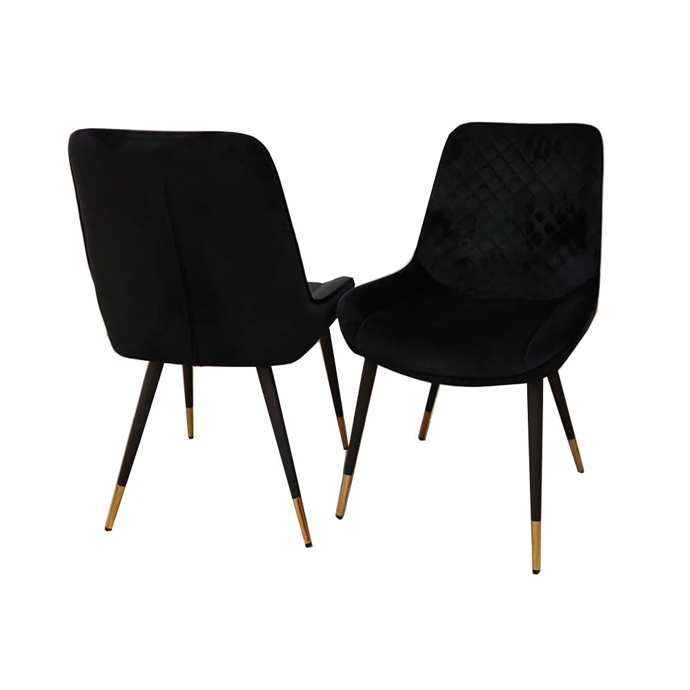 Luna Dining Chair In Black Velvet Fabric With Gold Tipped Black Legs