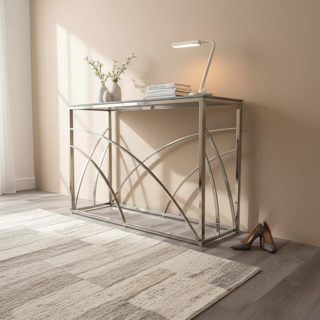 Luxury Arisa Modern Design Chrome Console Table With 120x40cm Stomach Ash Grey Stone Top