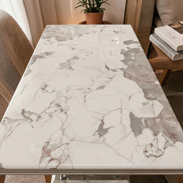 Luxury Arriana Dining Table With Double Ring Chrome Base In Cream Marble