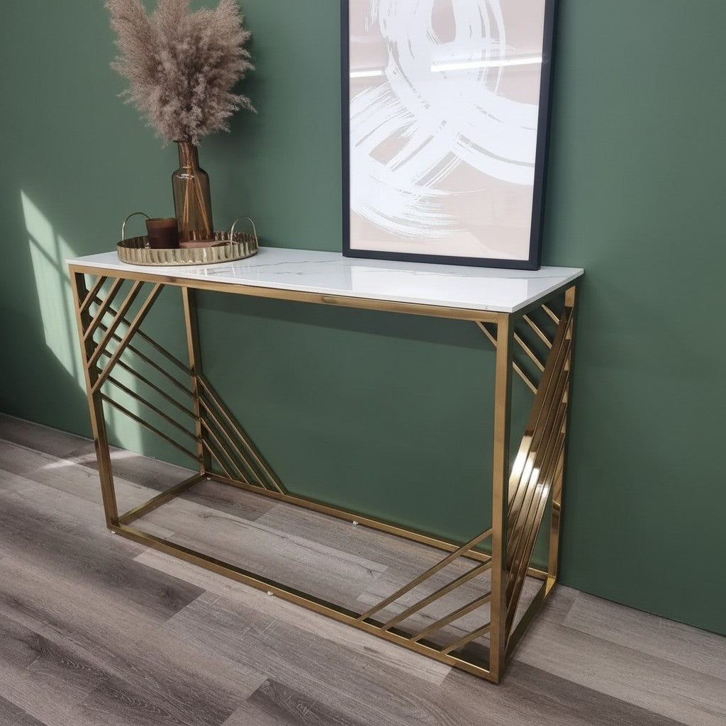 Luxury Asuka Slim Design Gold Console Table With 120x40cm Polar White Stone Top