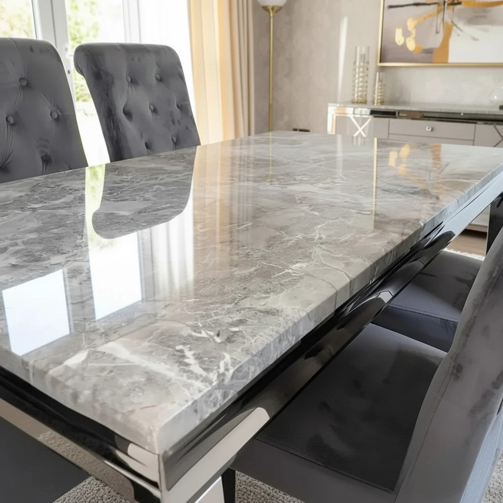 Luxury Lorens 1.5m Light Grey Marble Dining Set Table With Einar Grey Velvet Chairs