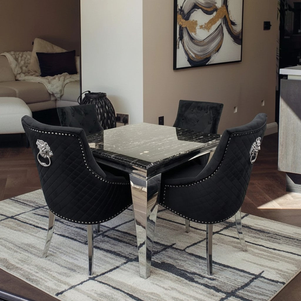 Luxury Lorens 100cm Square Chrome Dining Table With Modern Black & Gold Marble Top