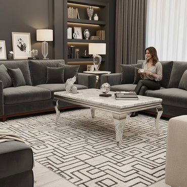 Luxury Lorens 130cm Chrome Coffee Table With Light Grey Marble Top And Curved Leg Design