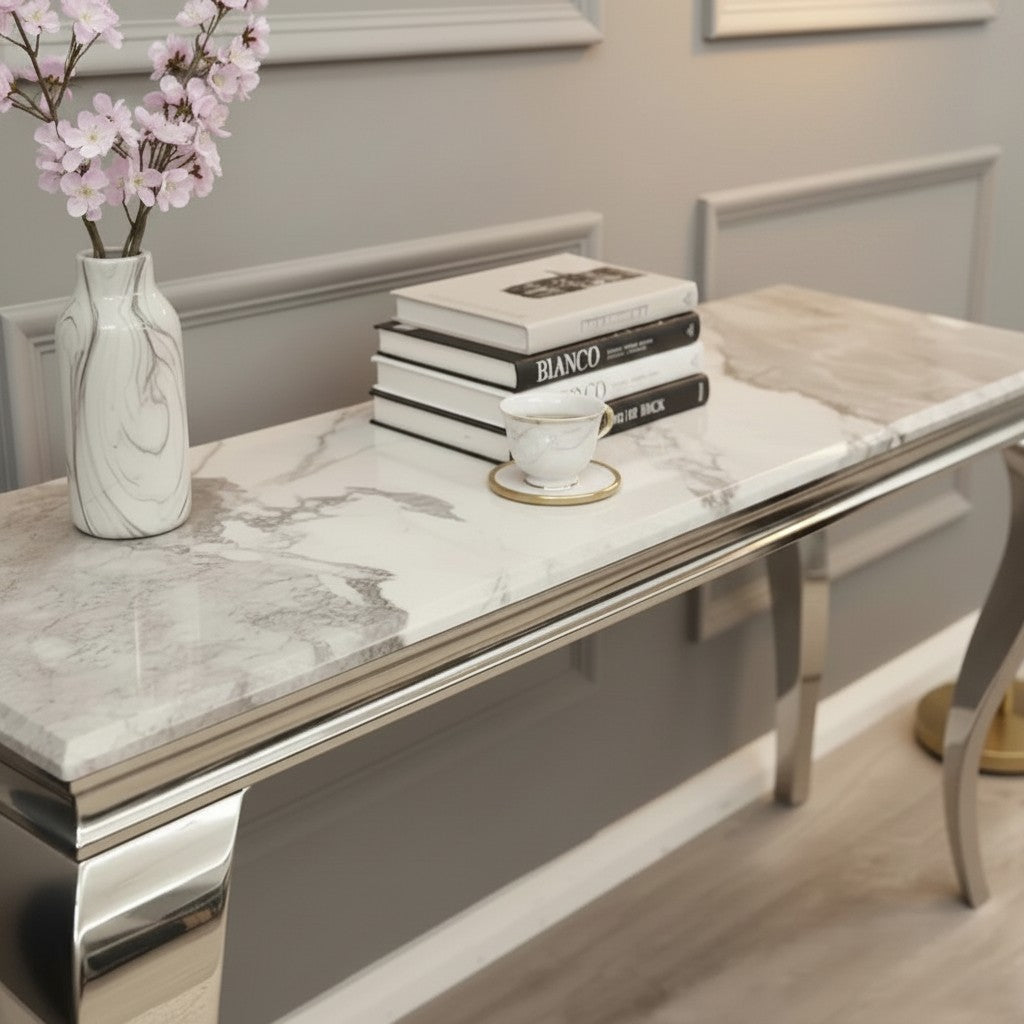 Luxury Lorens Chrome Console Table Steel Legs With 140x40cm Cream/Beige Marble Top