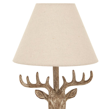 Luxury Stonewashed Stag Head Brown Resin Table Lamp With Linen Shade
