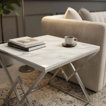 Luxury Airi Modern Chrome Side End Lamp Table With 55x55cm Ash Grey Sintered Stone Top