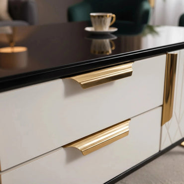 Luxury Alvar 130cm Gold Ribbed Coffee Table With Black Glass Top and Drawers