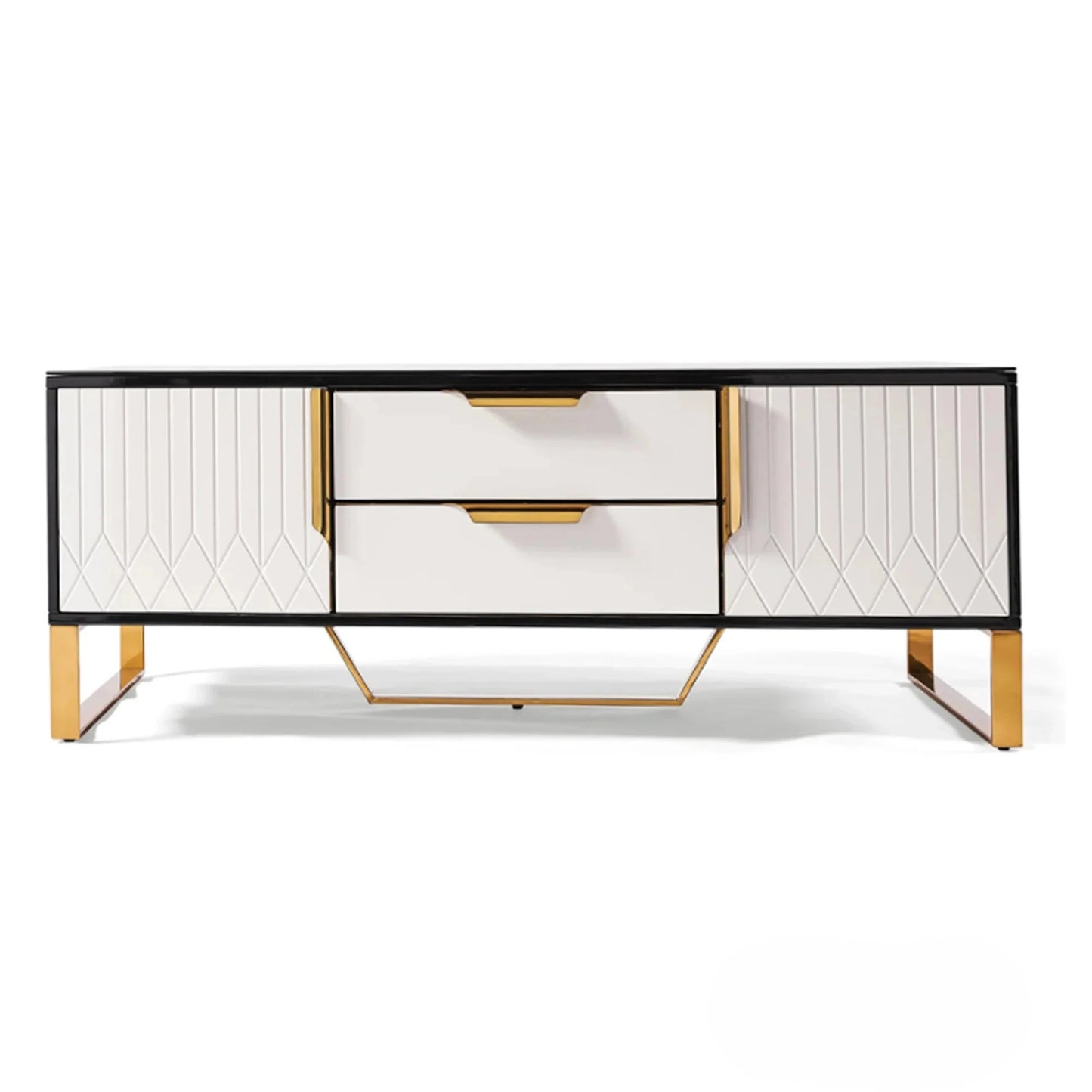 Luxury Alvar 130cm Gold Ribbed Coffee Table With Black Glass Top and Drawers