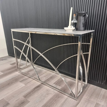 Luxury Arisa Modern Design Chrome Console Table With 120x40cm Stomach Ash Grey Stone Top