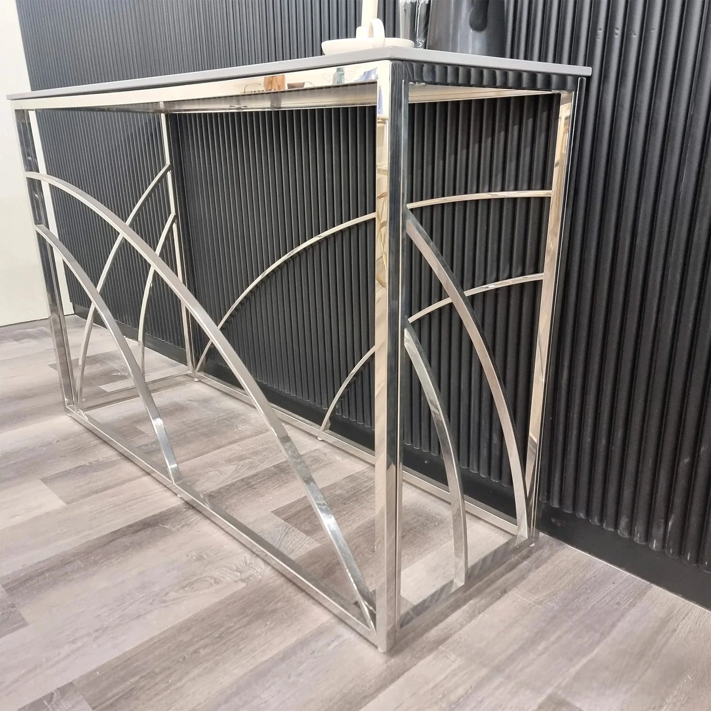 Luxury Arisa Modern Design Chrome Console Table With 120x40cm Stomach Ash Grey Stone Top