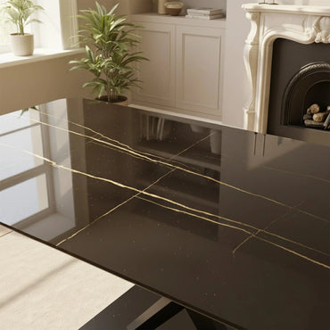 Luxury Arvid 160cm Slimline Oval-Rectangle Black Sintered Stone Dining Table Metal X Leg Stand