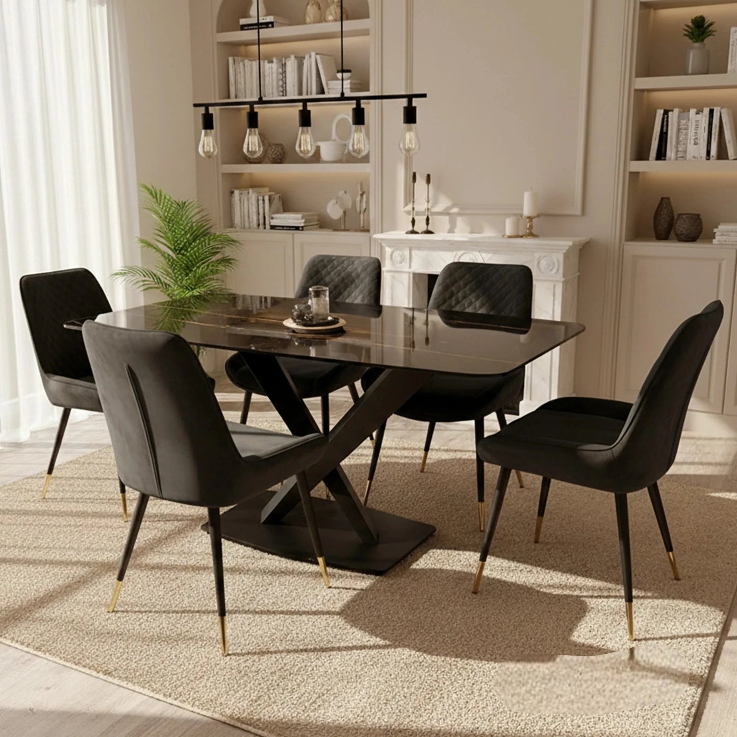 Luxury Arvid 160cm Slimline Oval-Rectangle Black Sintered Stone Dining Table Metal X Leg Stand