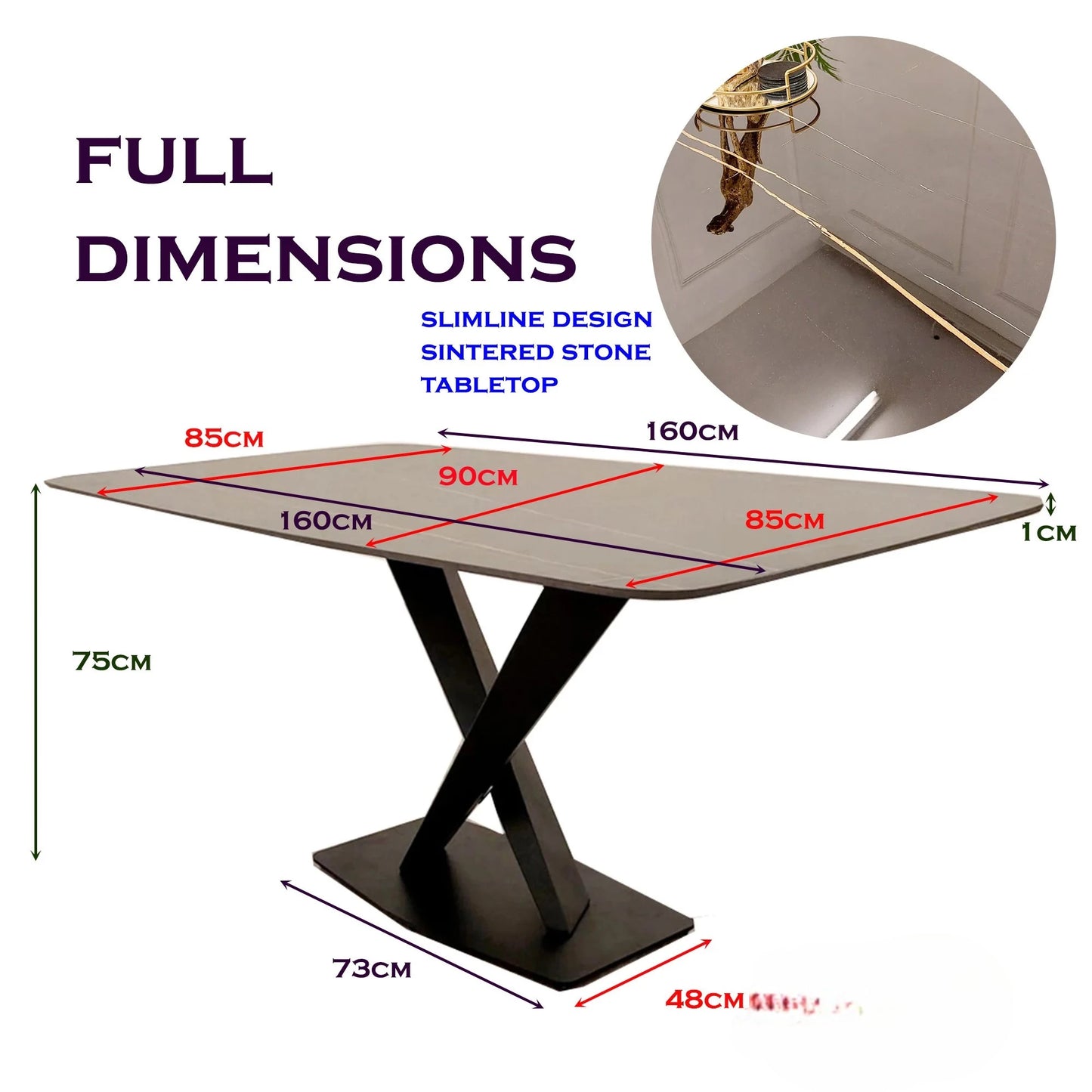 Luxury Arvid 160cm Black Sintered Stone Dining Table – Metal X Leg Stand
