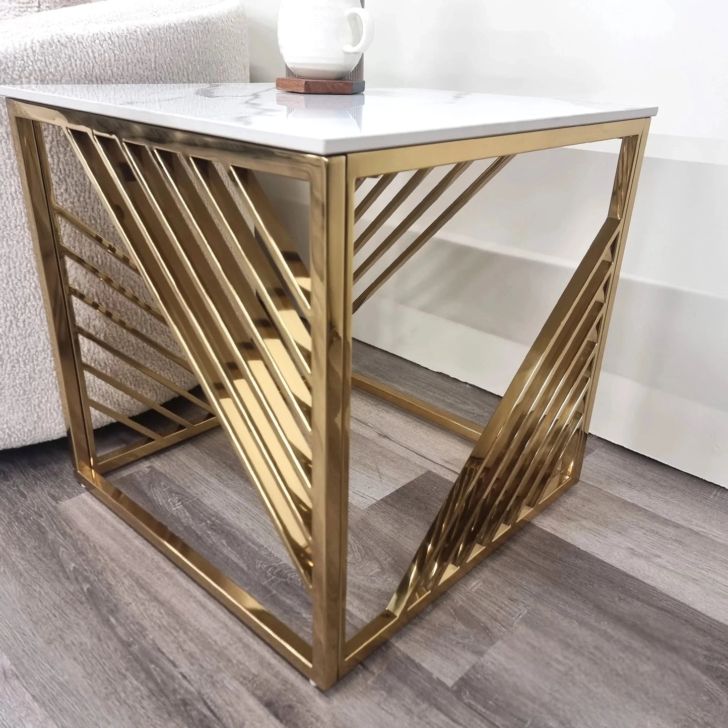 Luxury Asuka Modern Gold Side End Lamp Table With 55x55cm Polar White Sintered Stone Top