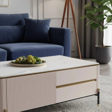 Luxury Bengt 130cm Ribbed Coffee Table With White Stone Top And 2 Drawers