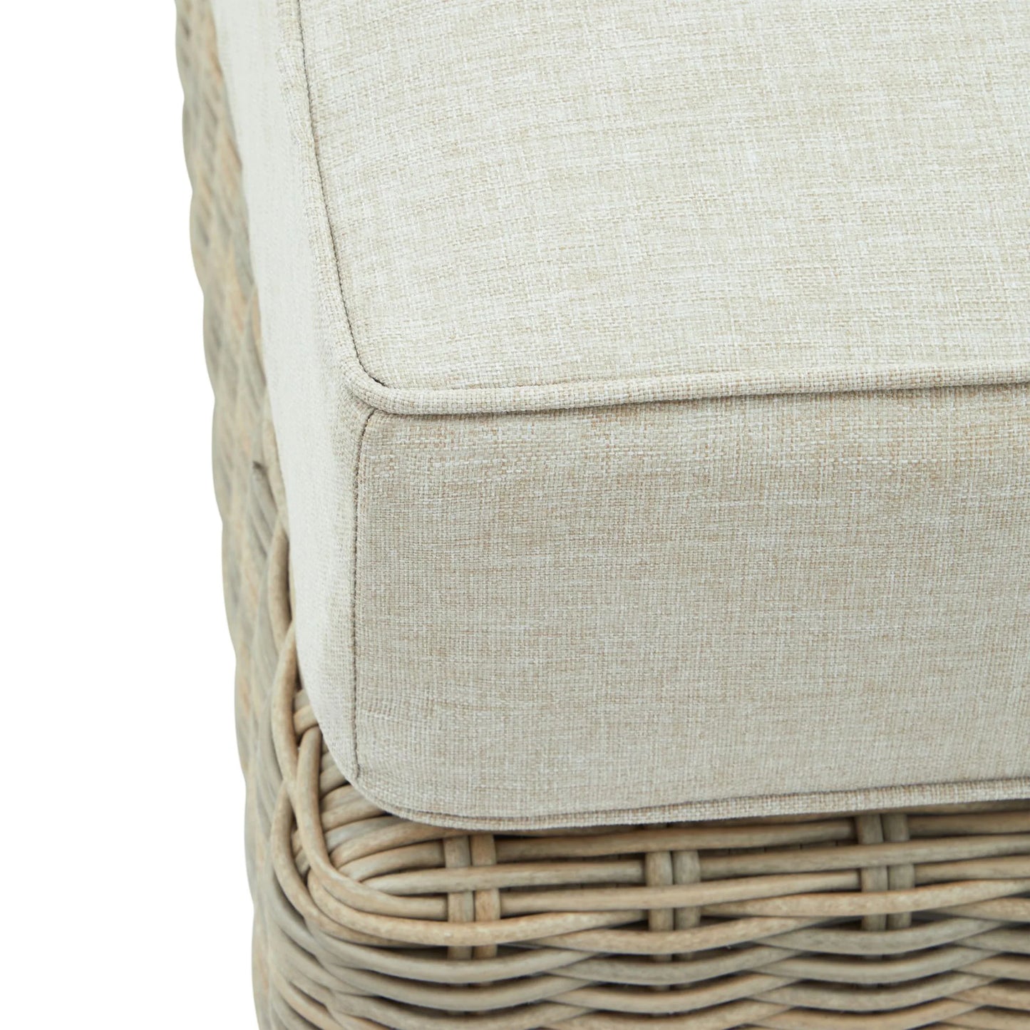 Luxury Capri Outdoor In Beige Wicker Footstool With Acacia Wood Feet And Weatherproof Cushion