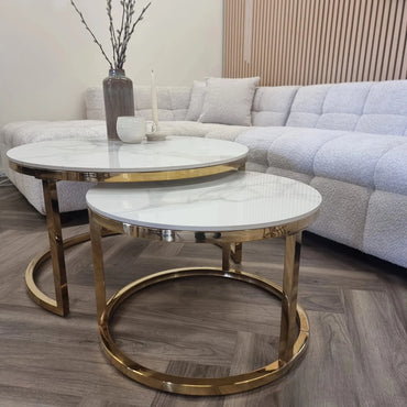 Luxury Kaito Nest of 2 Gold Round Coffee Tables With Polar White Stone Tops