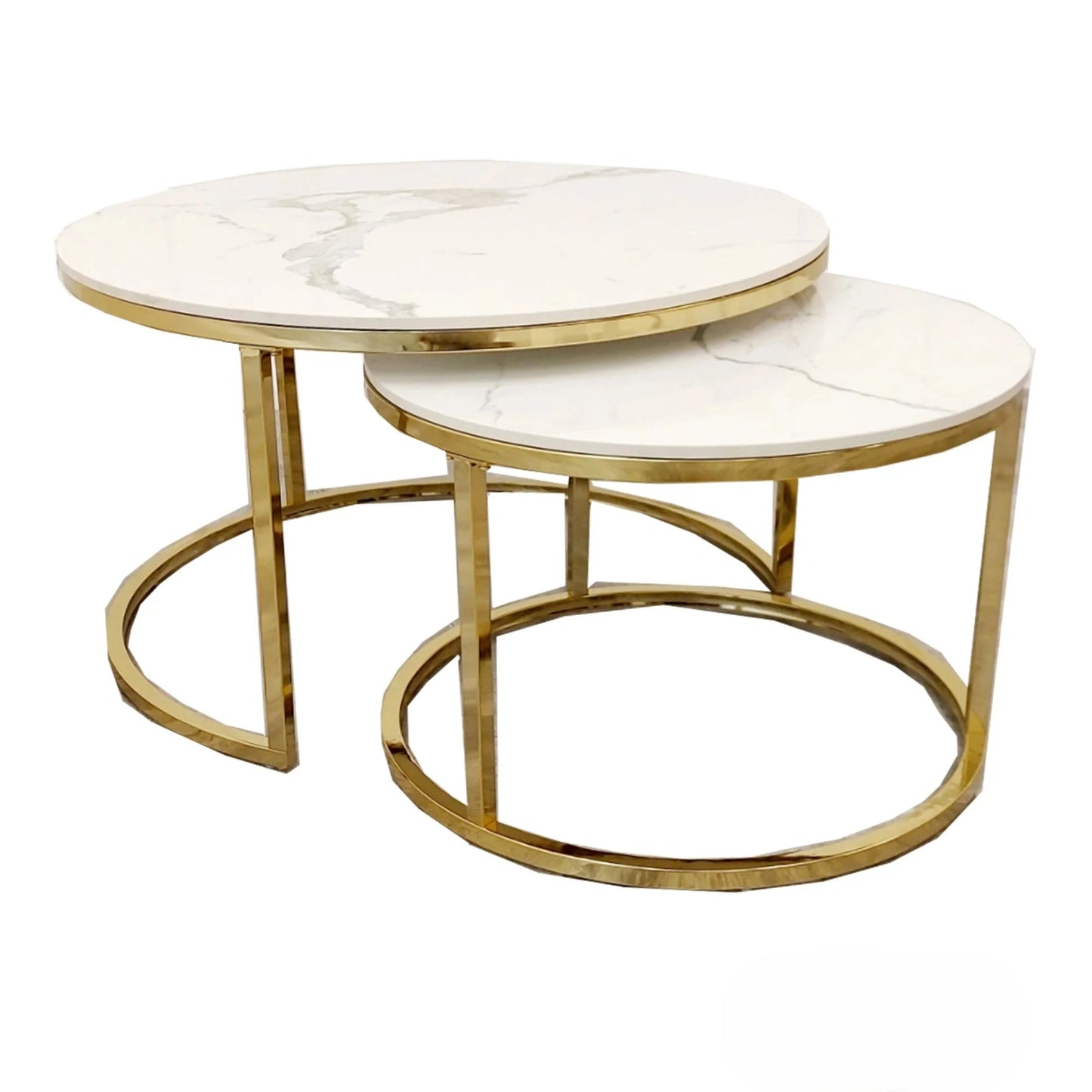 Luxury Kaito Nest of 2 Gold Round Coffee Tables With Polar White Stone Tops