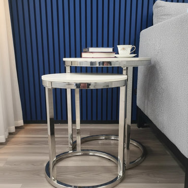 Luxury Kaito Nest of 2 Modern Chrome Round Side End Lamp Tables With 45/38cm White Sintered Stone Tops