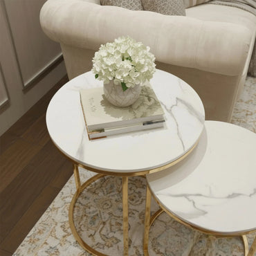 Luxury Kaito Nest of 2 Modern Gold Round Side End Lamp Tables With 45/38cm White Stone Tops