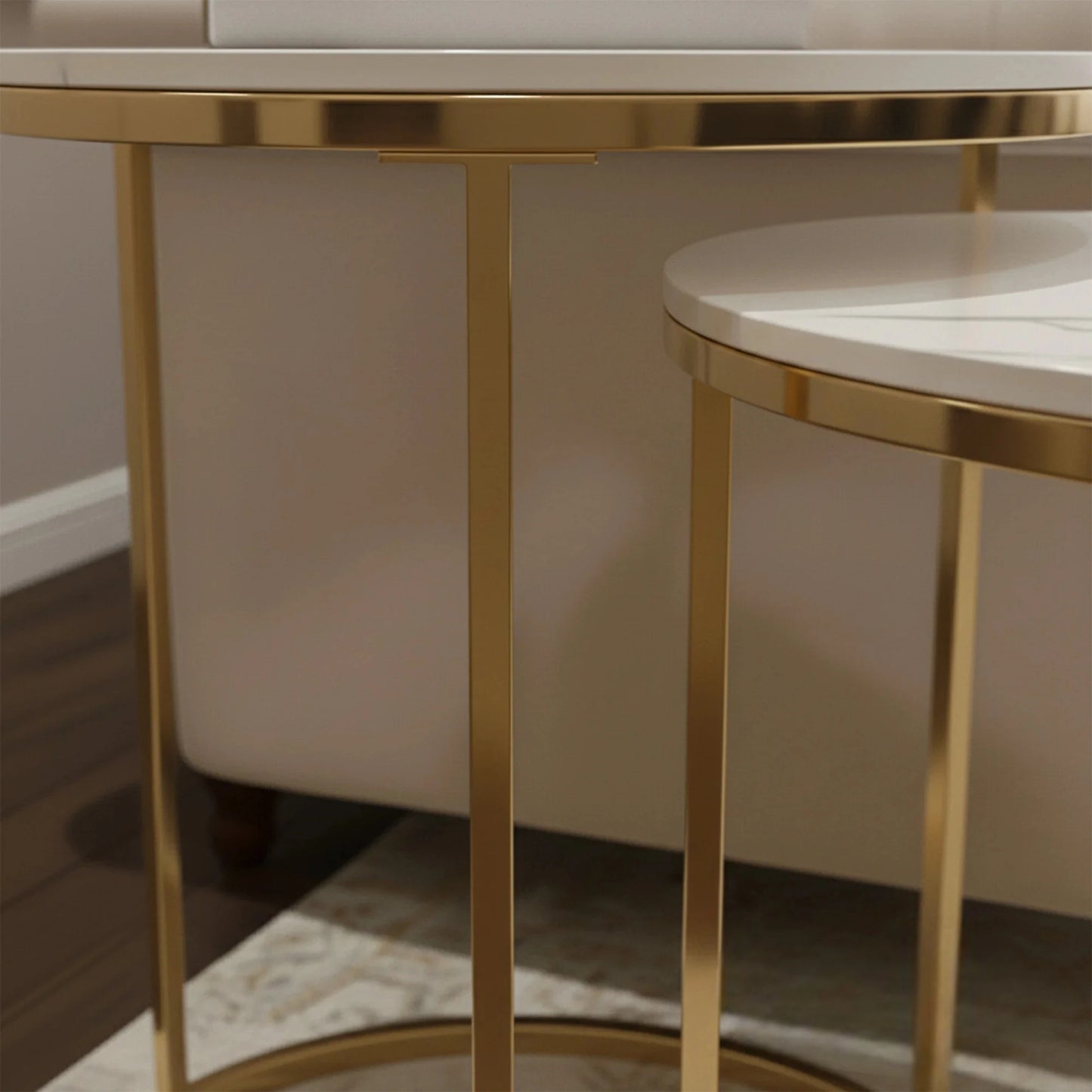 Luxury Kaito Nest of 2 Modern Gold Round Side End Lamp Tables With 45/38cm White Stone Tops