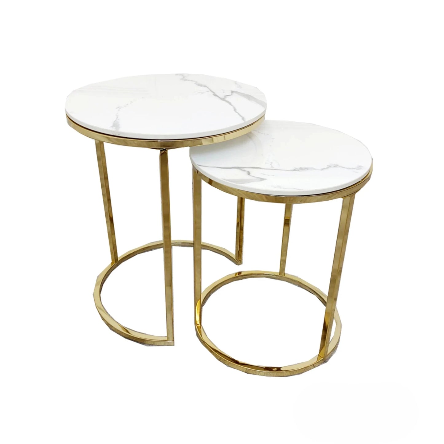 Luxury Kaito Nest of 2 Modern Gold Round Side End Lamp Tables With 45/38cm White Stone Tops
