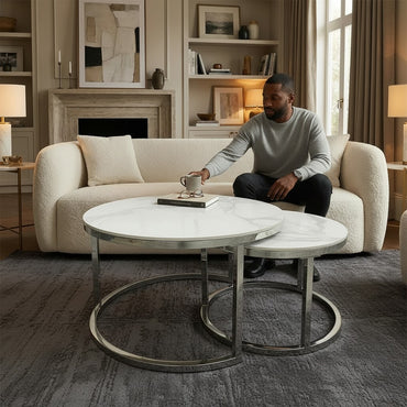 Luxury Kaito Nest of 2 Silver Round Coffee Tables With Polar White Stone Tops