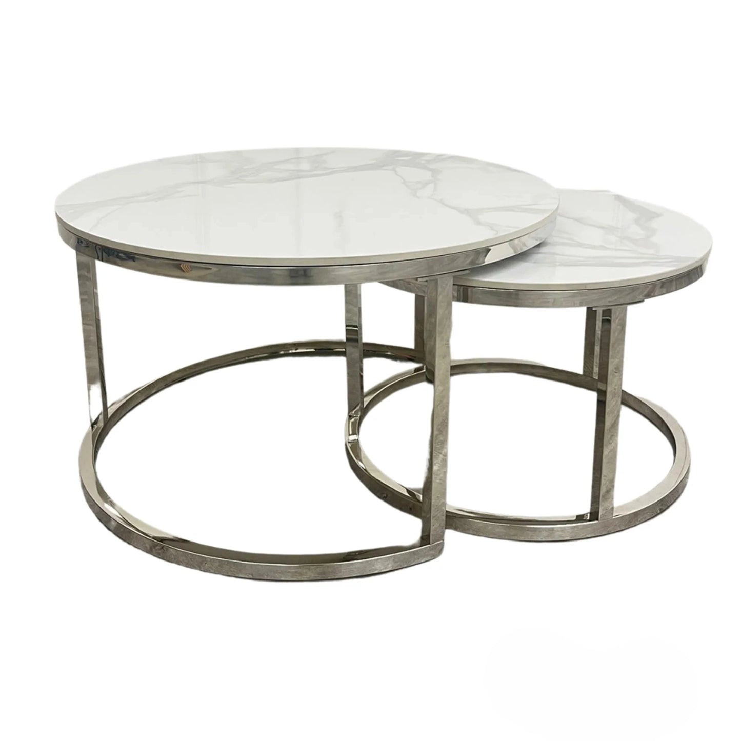 Luxury Kaito Nest of 2 Silver Round Coffee Tables With Polar White Stone Tops