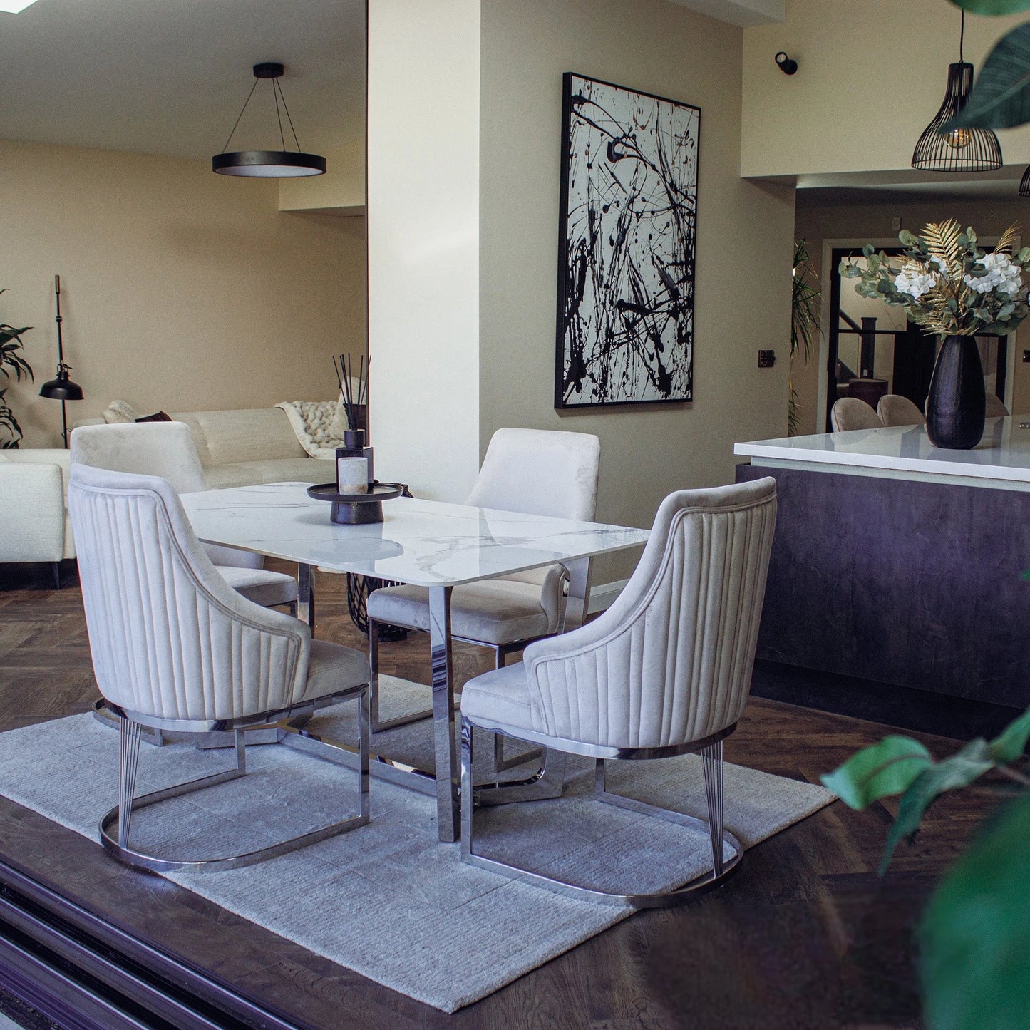 Luxury Loki 160cm White Sintered Stone Dining Table With Chrome Y-Leg Stand