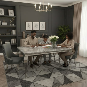Luxury Lorens 1.5m Light Grey Marble Dining Set Table With Oskar Button Back Velvet Chairs