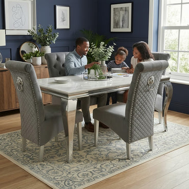Luxury Lorens 1.8m White Marble Chrome Dining Set Table With Einar Dark Grey Velvet Chairs