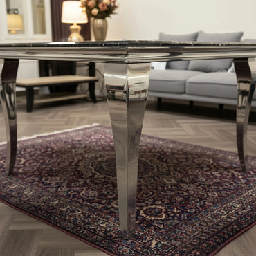 Luxury Lorens 100cm Square Chrome Dining Table With Modern Black & Gold Marble Top