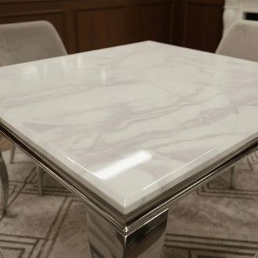 Luxury Lorens 100cm Square Chrome Dining Table With Modern White Marble Top