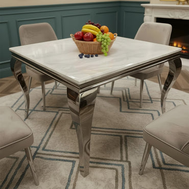 Luxury Lorens 100cm Square Chrome Dining Table With Modern White Marble Top