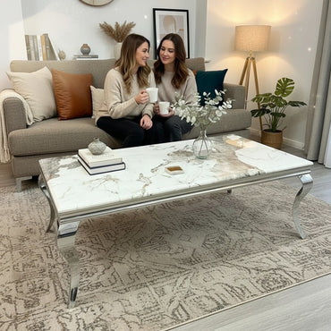 Luxury Lorens 130cm Chrome Coffee Table With Cream/Beige Marble Top And Curved Leg Design