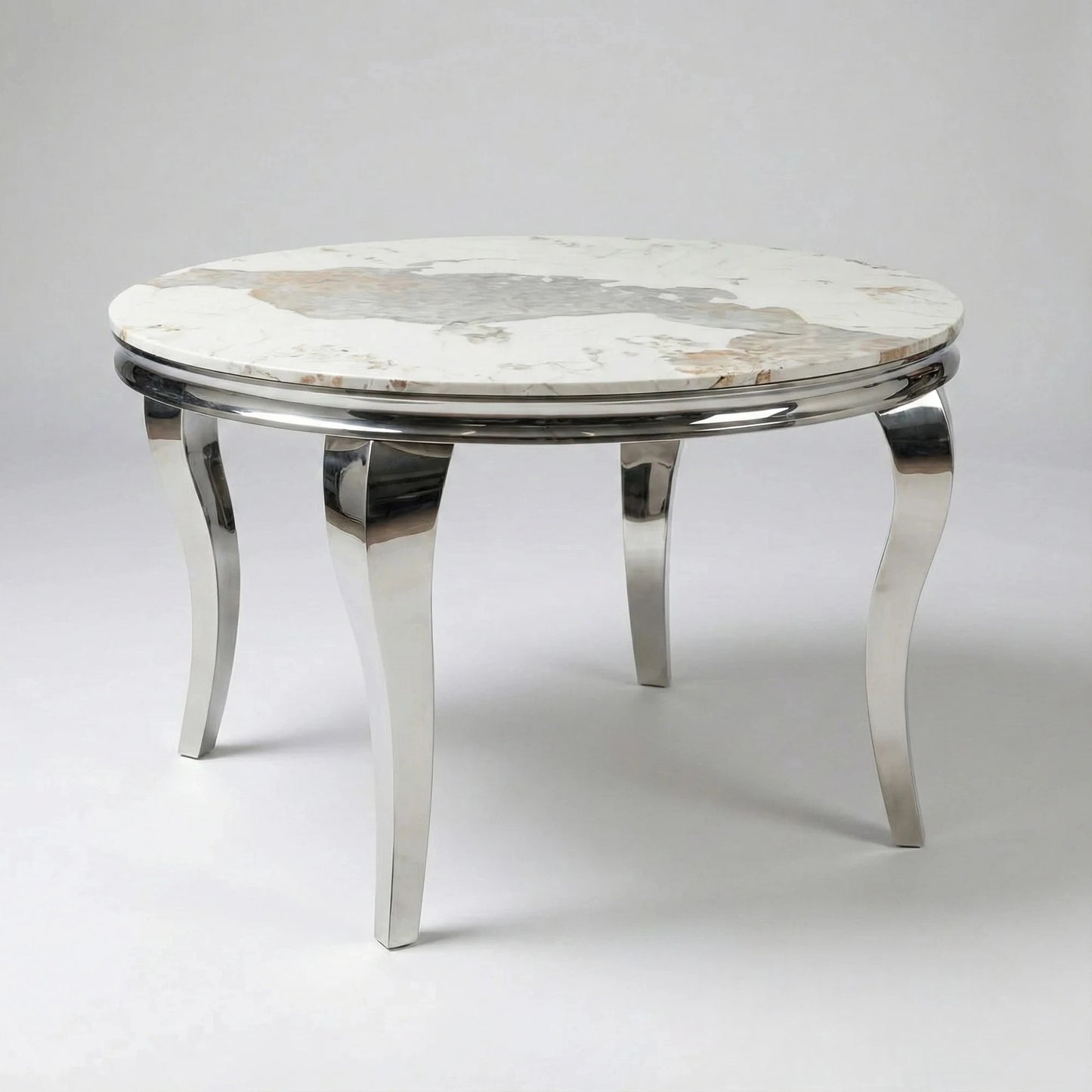 Luxury Lorens 130cm Round Cream Marble Dining Table with Chrome 4-Leg Base