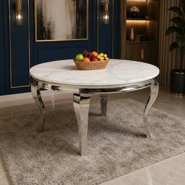 Luxury Lorens 130cm Round White Marble Dining Table With Chrome 4-Leg Base