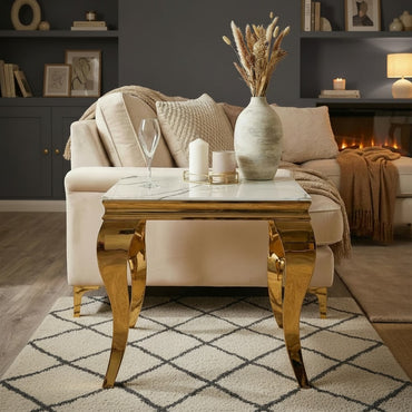 Luxury Lorens Gold Lamp Table With 60x60cm White Sintered Stone Top