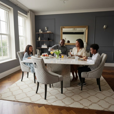 Luxury Lucca 1.8m Slimline White Marble Dining Set Table With Gunnar Light Grey Velvet Chairs
