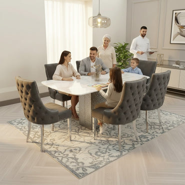 Luxury Lucca 1.8m Slimline White Marble Dining Set Table With Oskar Dark Grey Velvet Chairs
