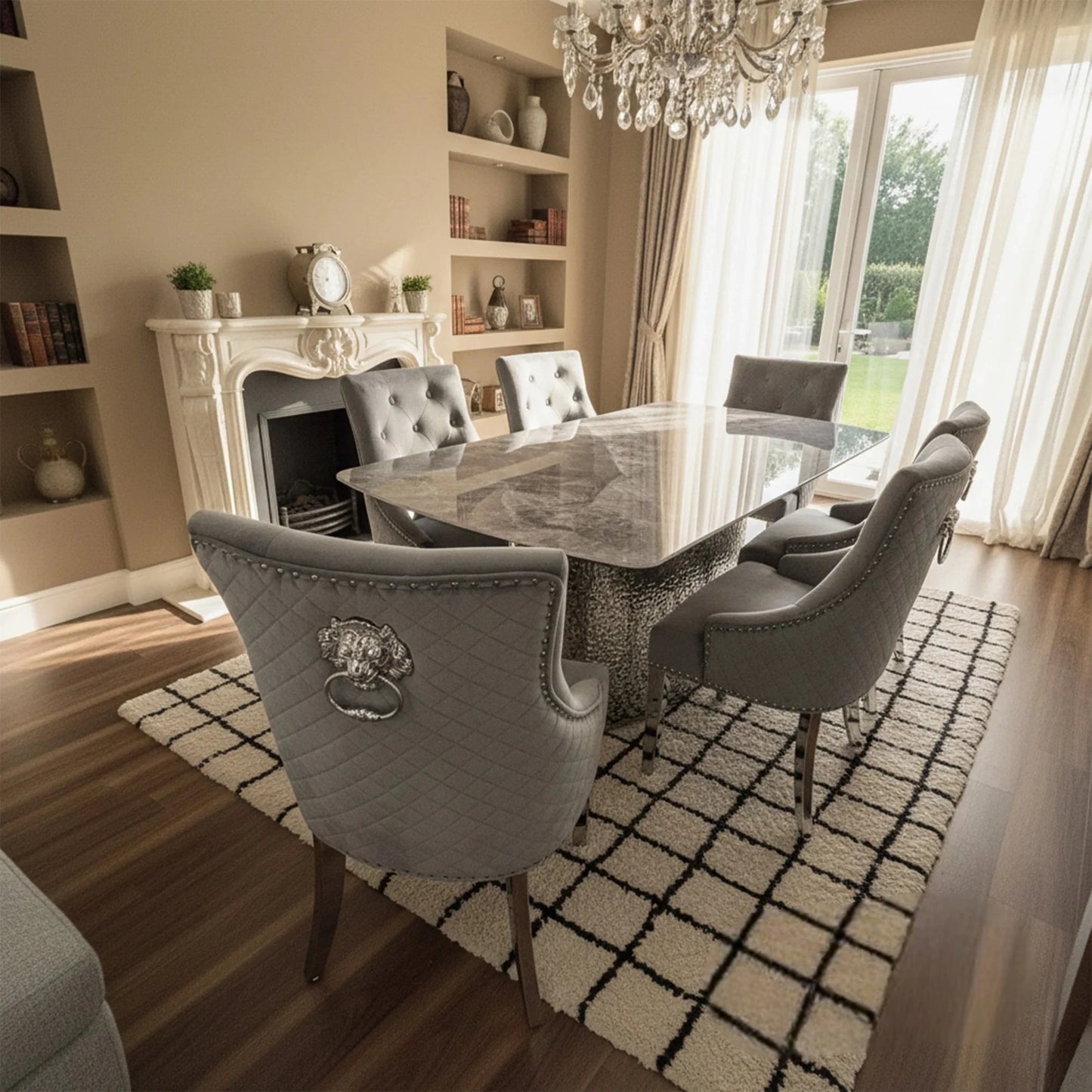 Luxury Lucca 180cm Grey Marble Dining Table With Hammered Metal Block Base