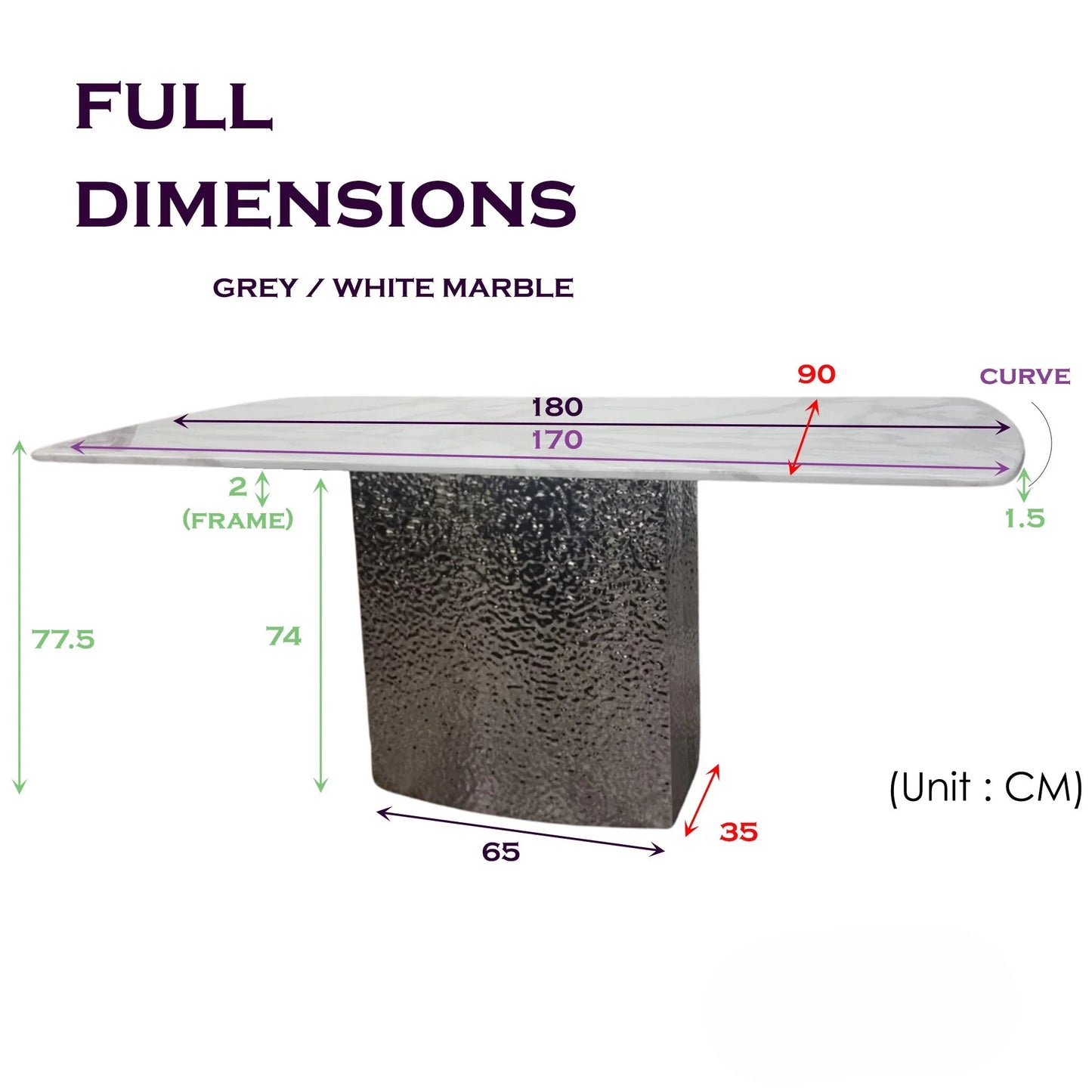 Luxury Lucca 180cm Grey Marble Dining Table With Hammered Metal Block Base